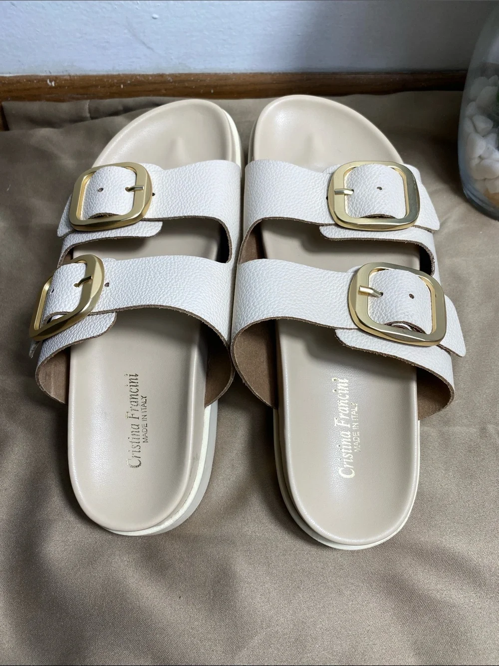 Cristina Francini White Leather Double Buckle Slide Sandals Size 7.5